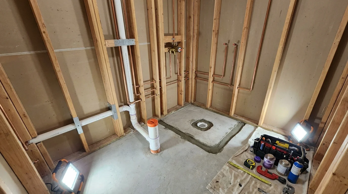 Bathroom rough-in plumbing during remodel by Johns Plumbing LLC in Wilber