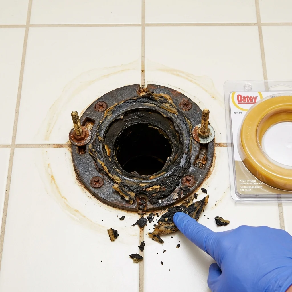Failed wax ring showing water seepage at the base of a toilet in a Wilber, NE home