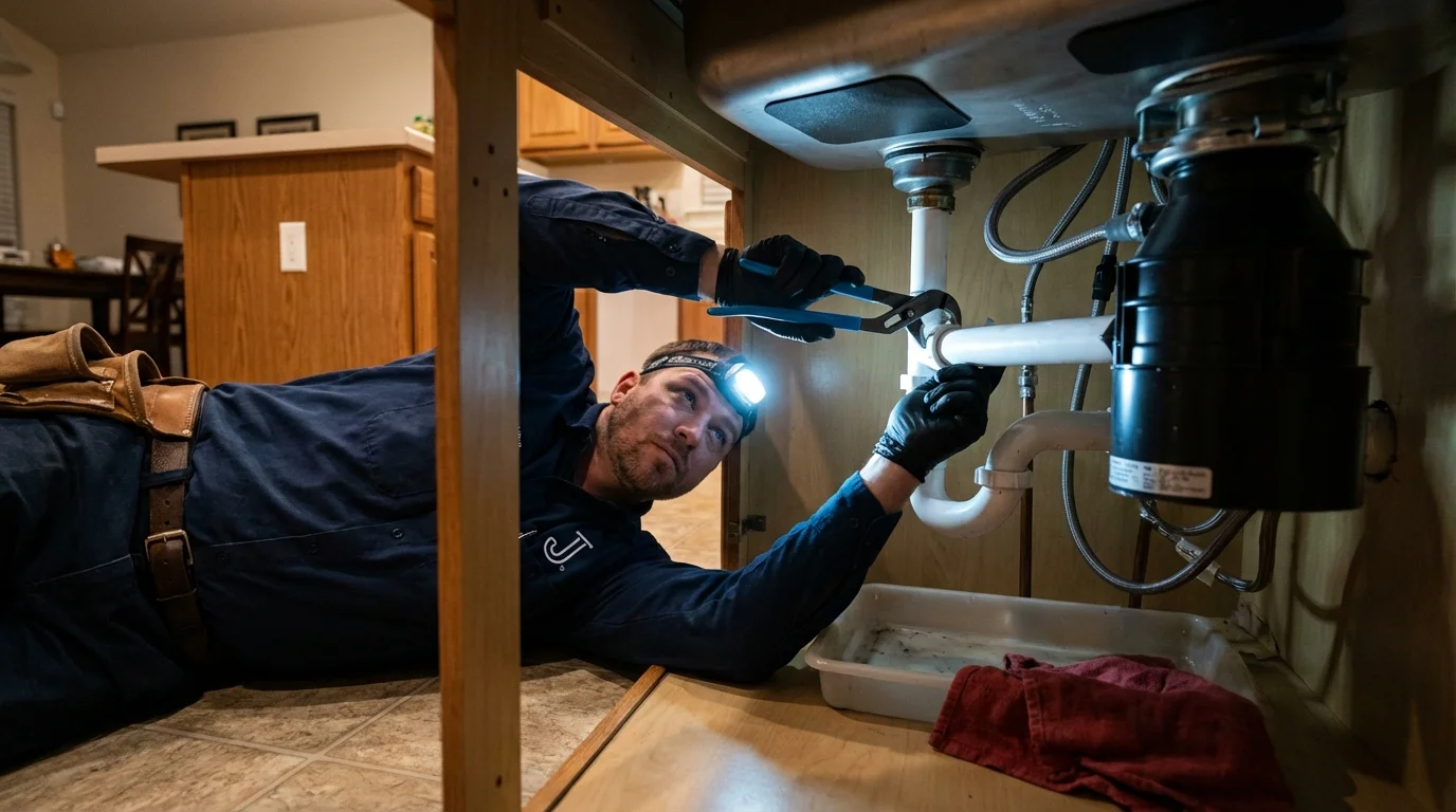 P-trap and supply line connections under a kitchen sink showing a common leak point in Wilber, NE